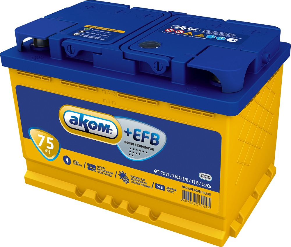 Аккумулятор AKOM EFB Евро 6CT - 75 о.п.
